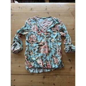 P.S. Kate Women's Blue Pink Floral V-Neck 3/4 Sleeve Pullover Blouse S/M